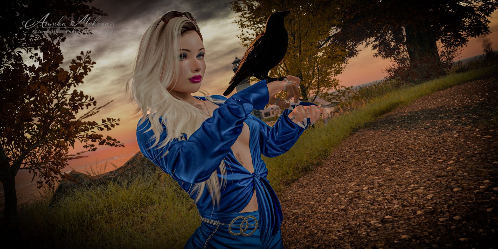 Annika Mohegan im blauen Alva-Look von Addams: gebundenes Satin-Top und weite Hose, fotografiert im Herbst auf Luanes World in Second Life