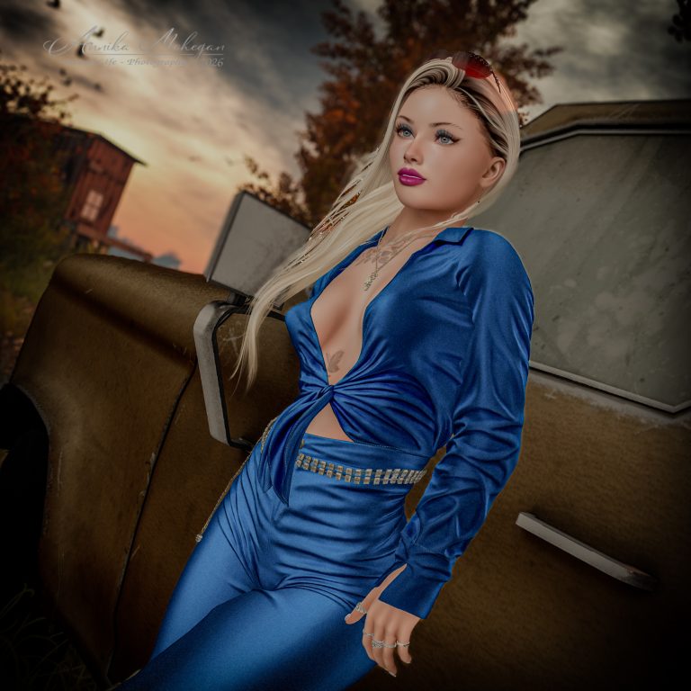 Annika Mohegan im blauen Alva-Look von Addams: gebundenes Satin-Top und weite Hose, fotografiert im Herbst auf Luanes World in Second Life
