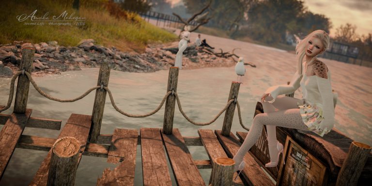 Annika Mohegan im Carley-Look von Asteria: Strickbluse in Ivory mit offenen Schultern und Volantrock mit Rosenmuster, fotografiert im Herbst auf Luanes World in Second Life