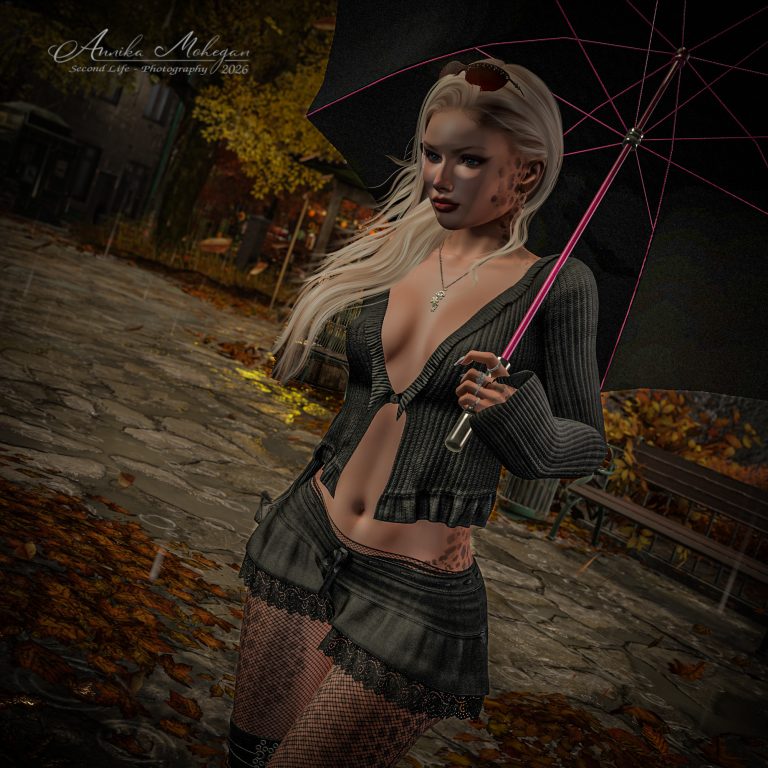 Annika Mohegan im Giselle-Look von Carol's: schwarzer Rippstrick-Cardigan und schwarzer Rock mit Spitzenvolants, fotografiert im Herbstregen auf Cherishville in Second Life