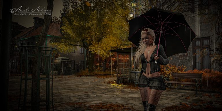 Annika Mohegan im Giselle-Look von Carol's: schwarzer Rippstrick-Cardigan und schwarzer Rock mit Spitzenvolants, fotografiert im Herbstregen auf Cherishville in Second Life