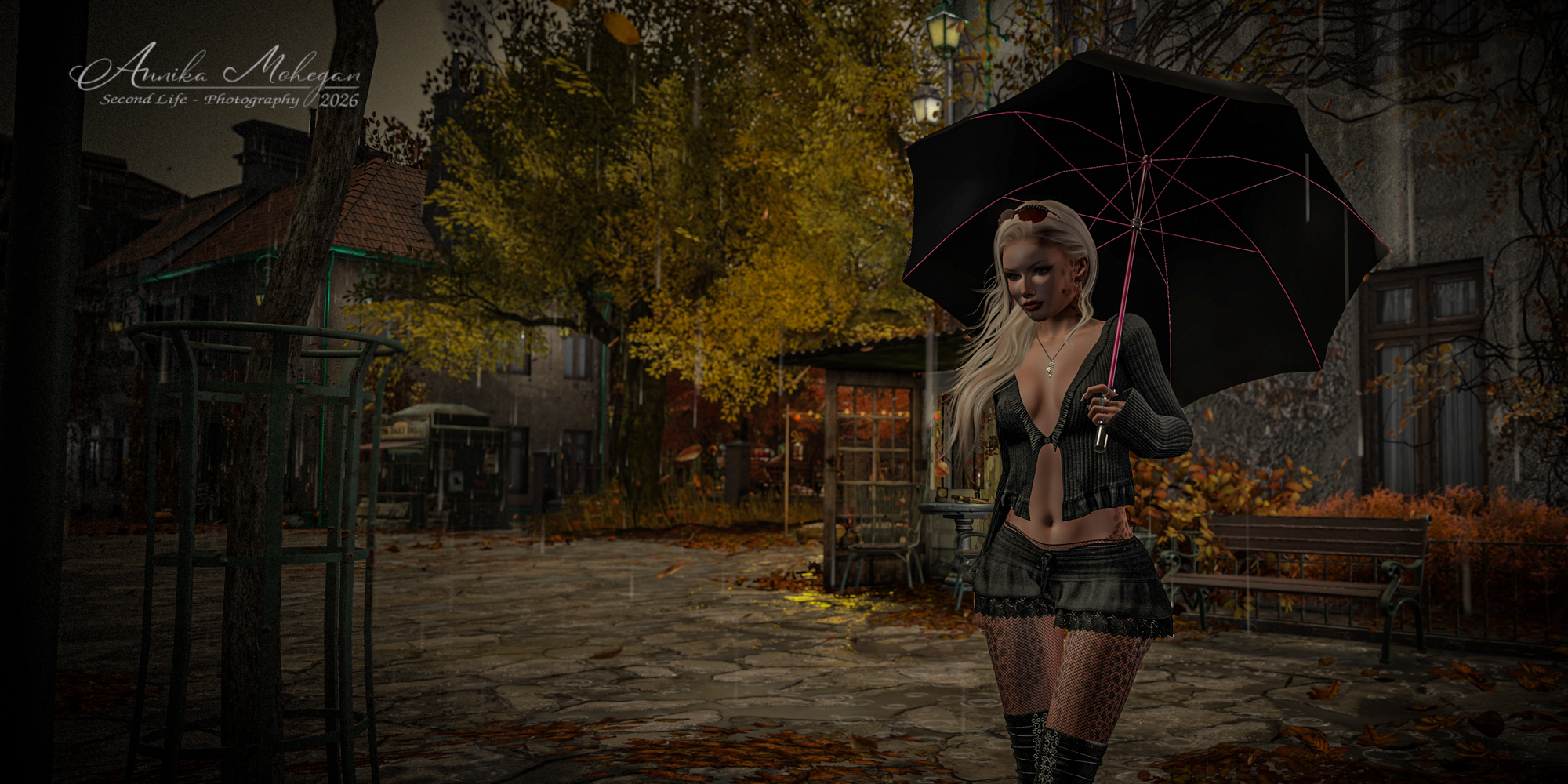 Annika Mohegan im Giselle-Look von Carol's: schwarzer Rippstrick-Cardigan und schwarzer Rock mit Spitzenvolants, fotografiert im Herbstregen auf Cherishville in Second Life