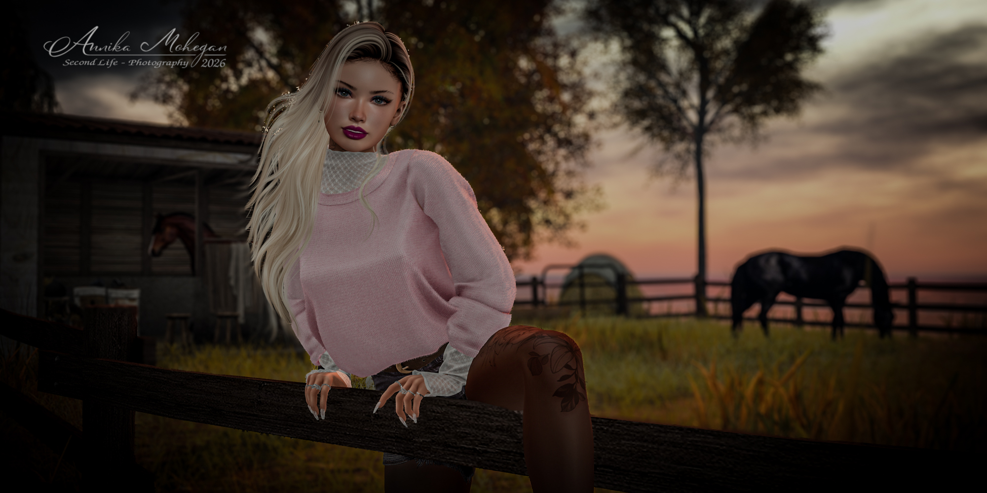 Annika Mohegan im Onyx-Look von OSMIA: rosa Spitzenpullover und dunkle Jeansshorts, fotografiert im Herbst auf Luanes World in Second Life