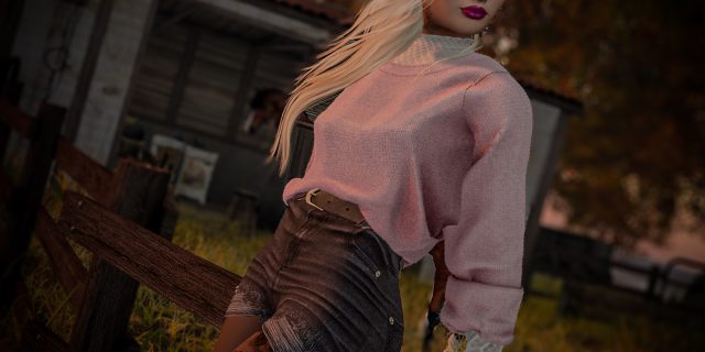 Annika Mohegan im Onyx-Look von OSMIA: rosa Spitzenpullover und dunkle Jeansshorts, fotografiert im Herbst auf Luanes World in Second Life