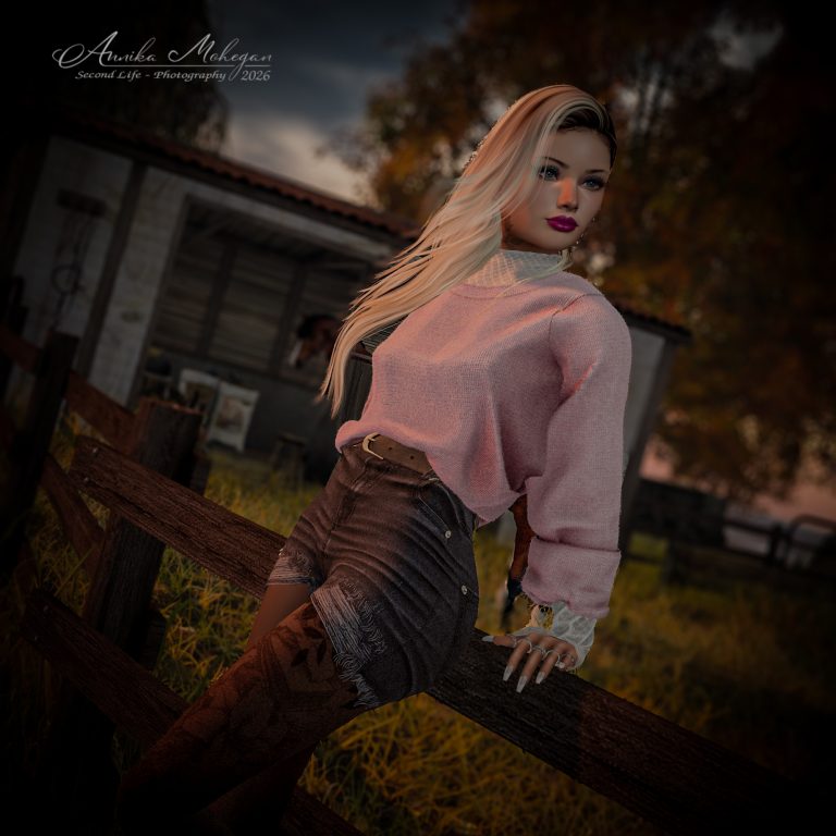 Annika Mohegan im Onyx-Look von OSMIA: rosa Spitzenpullover und dunkle Jeansshorts, fotografiert im Herbst auf Luanes World in Second Life