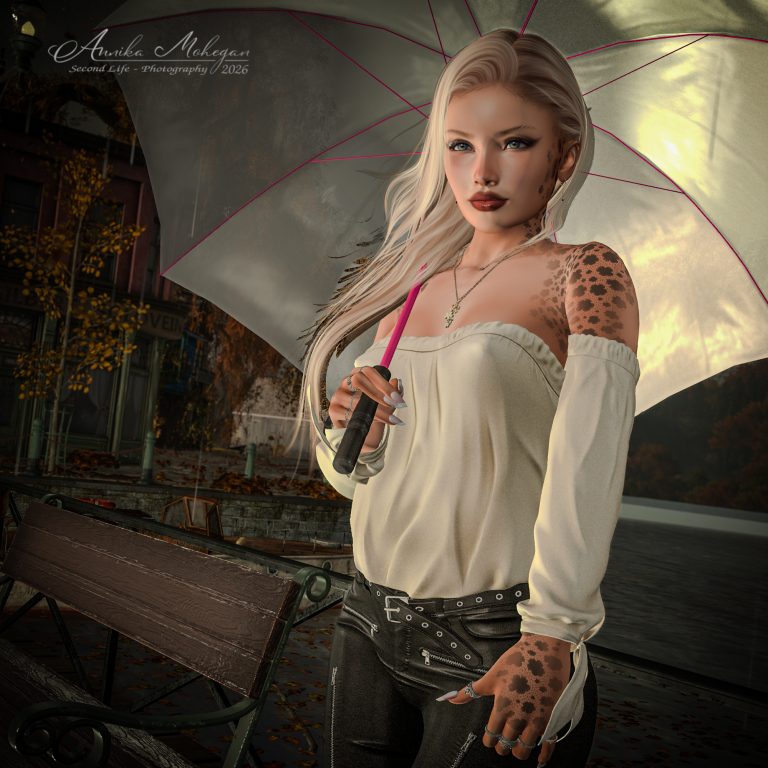 Annika Mohegan im Taylor-Look von {ViSion}: cremefarbenes schulterfreies Top und schwarze Lederhose, mit Schirm im Herbstregen auf Cherishville in Second Life