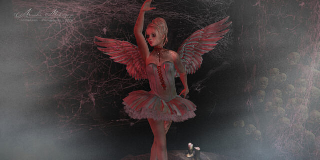 Annika Mohegan als gefallene Ballerina von B! Fashion: zerschlissenes Tutu-Kleid mit roter Schnürung und Flügeln, fotografiert zu Halloween in Second Life