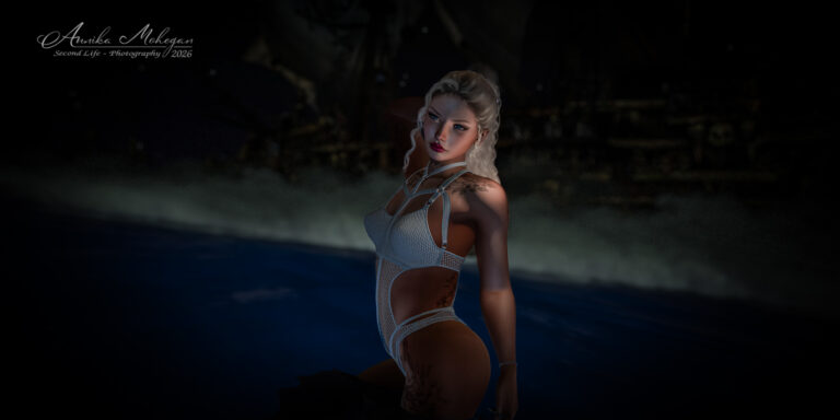 Annika Mohegan im weißen Barna Bodysuit von [ADD] aus Netzstoff mit Riemchen, nachts im Wasser auf Twelve Dreams in Second Life