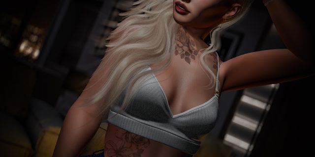 Annika Mohegan im weißen Aaliyah Top und der dunkelblauen Aaliyah Pants von TORI TORRICELLI in Second Life