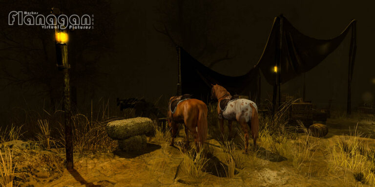 Zwei gesattelte Pferde bei Laternenlicht vor einem Zeltlager mit Kisten und Fässern auf Witherwood Thicket in Second Life