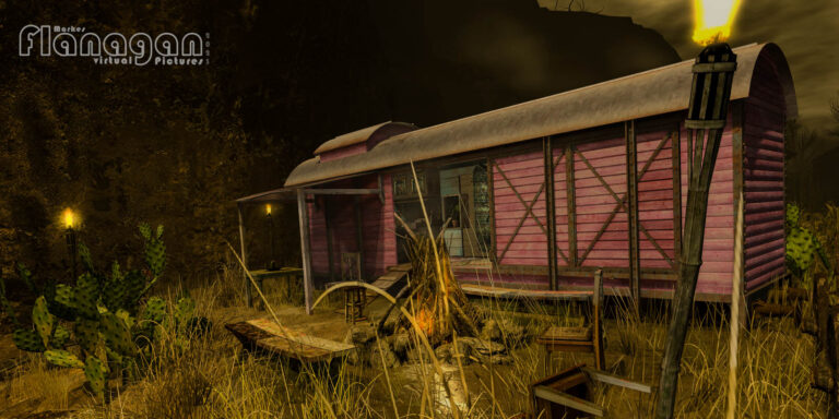Rosa gestrichener Güterwagen als Wohnwagen mit Lagerfeuer, Bänken, Fackeln und Kakteen auf Witherwood Thicket in Second Life