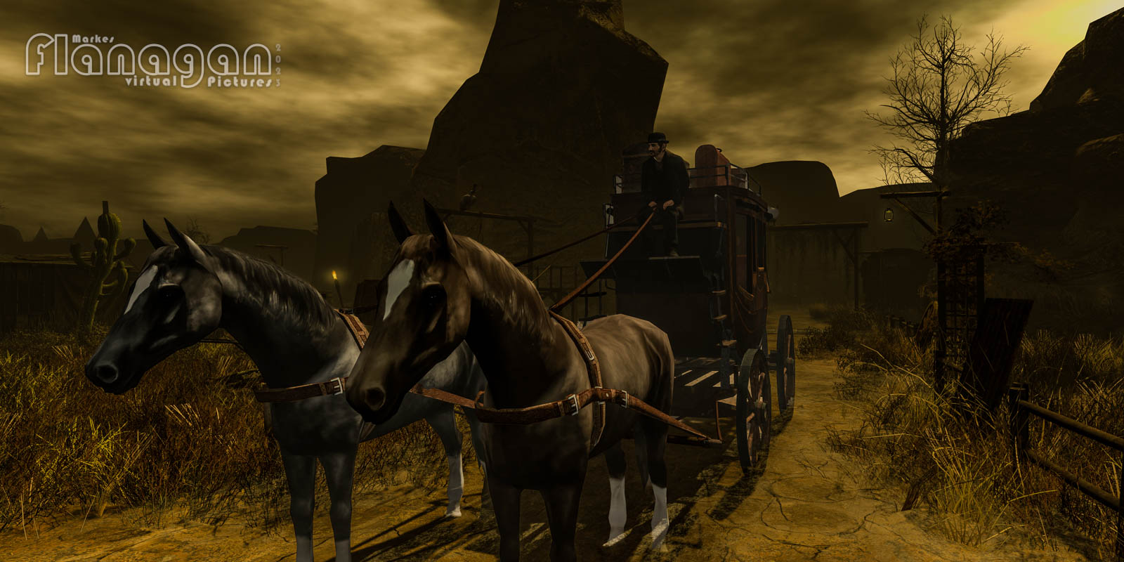 Postkutsche mit zwei Pferden und Kutscher vor roten Felsen unter wolkigem Himmel auf Witherwood Thicket in Second Life