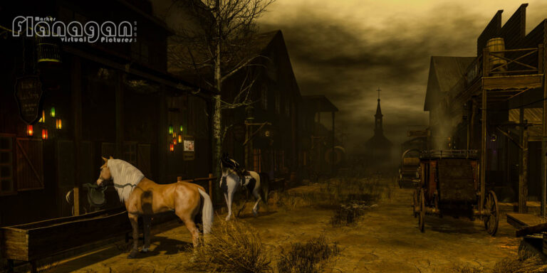 Hauptstraße einer Westernstadt mit Pferden, Kutschen und Kirchturm im Nebel auf Witherwood Thicket in Second Life