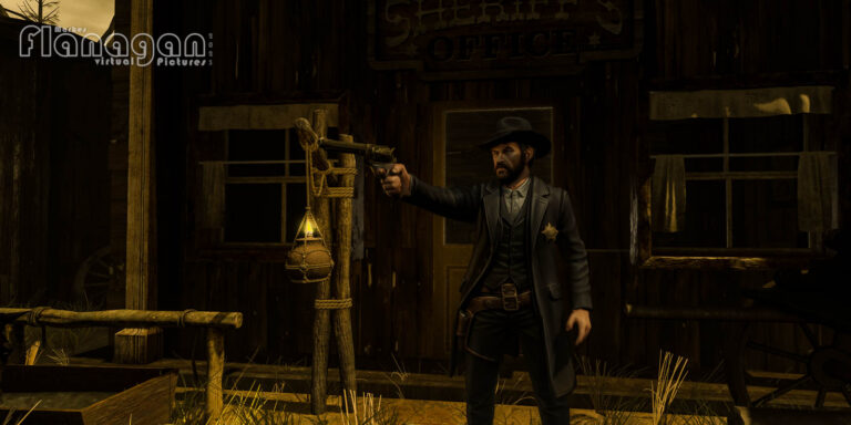 Sheriff mit gezogenem Revolver vor dem Sheriff’s Office auf Witherwood Thicket in Second Life