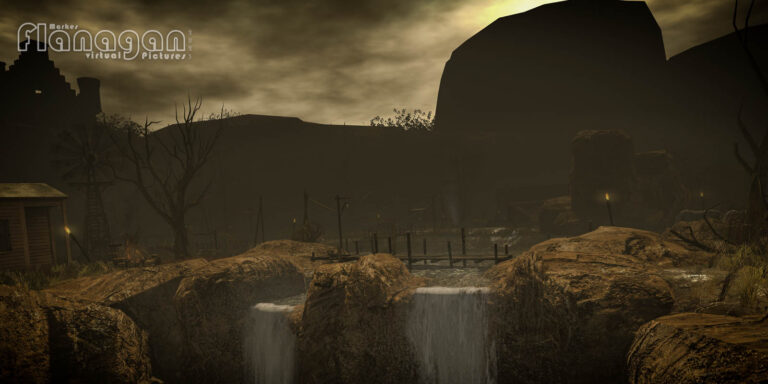 Wasserfall zwischen Felsen mit Steg, Fackeln und Windrad vor einem Tafelberg auf Witherwood Thicket in Second Life