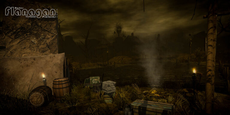 Rauchendes Lagerfeuer mit Fässern, Kisten und Fackeln am Flussufer auf Witherwood Thicket in Second Life