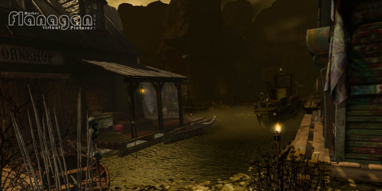 Holzhaus mit Workshop-Schild und Kanu am Steg, im Fluss ein Arbeitsboot mit Kran auf Witherwood Thicket in Second Life
