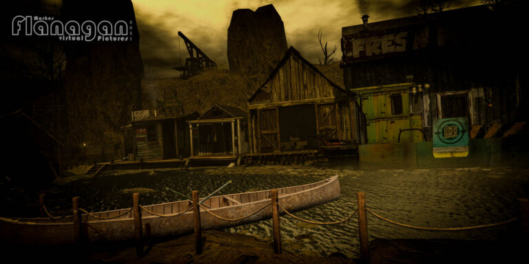 Hütten mit Bootsverleih und Fischladen am Wasser, davor ein Kanu am Seilgeländer auf Witherwood Thicket in Second Life
