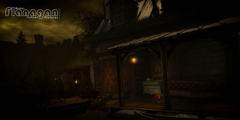 Veranda eines Holzhauses mit Laterne, Kommode, Kerzen und Halloween-Kürbis auf Witherwood Thicket in Second Life
