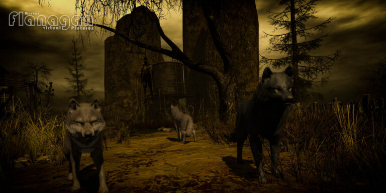 Drei Wölfe vor einem Wasserturm zwischen Felsen und kahlen Bäumen auf Witherwood Thicket in Second Life