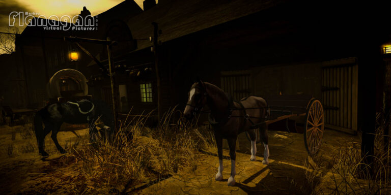 Pferd vor einem Einspänner und ein grasendes Pferd neben einem Planwagen vor Stallungen auf Witherwood Thicket in Second Life