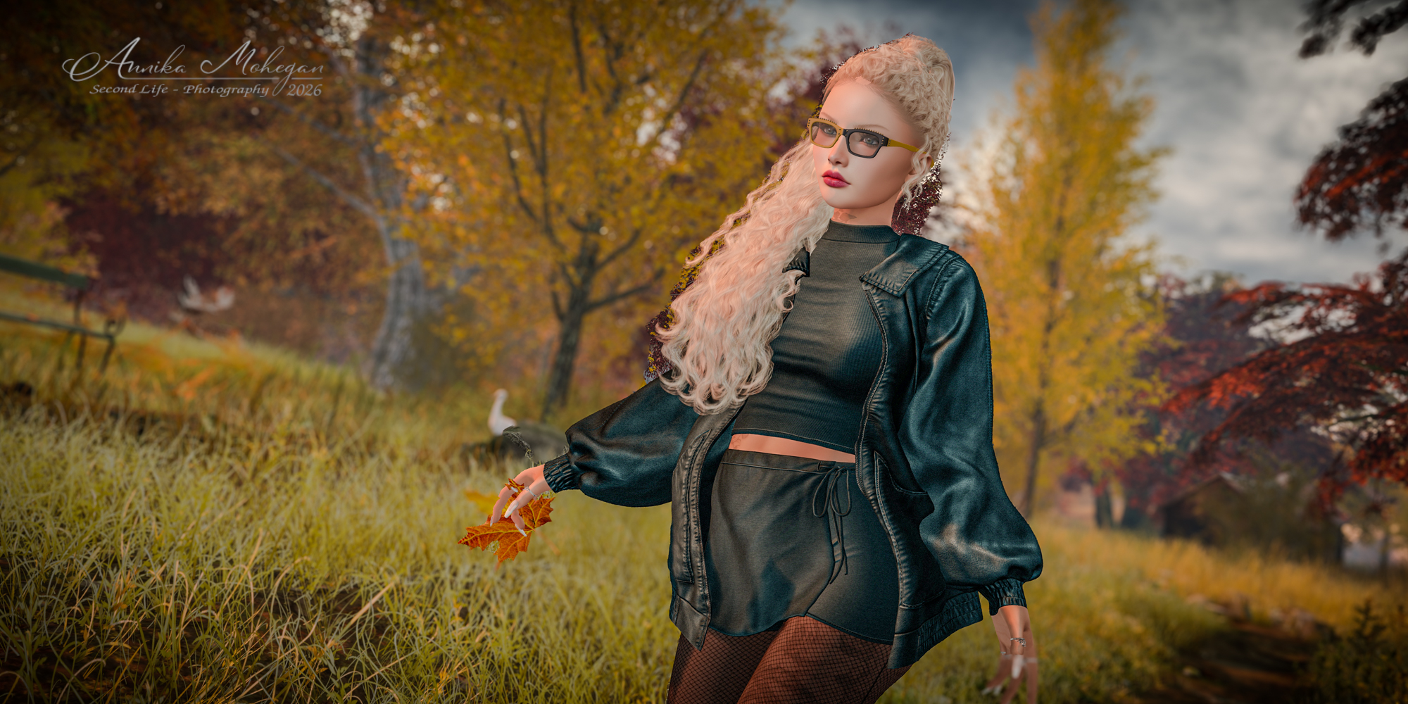 Annika Mohegan im Classic-Look von (fd): petrolfarbene Lederjacke, geripptes Top und Skort mit Netzstrümpfen, fotografiert im Herbst auf Luanes World in Second Life
