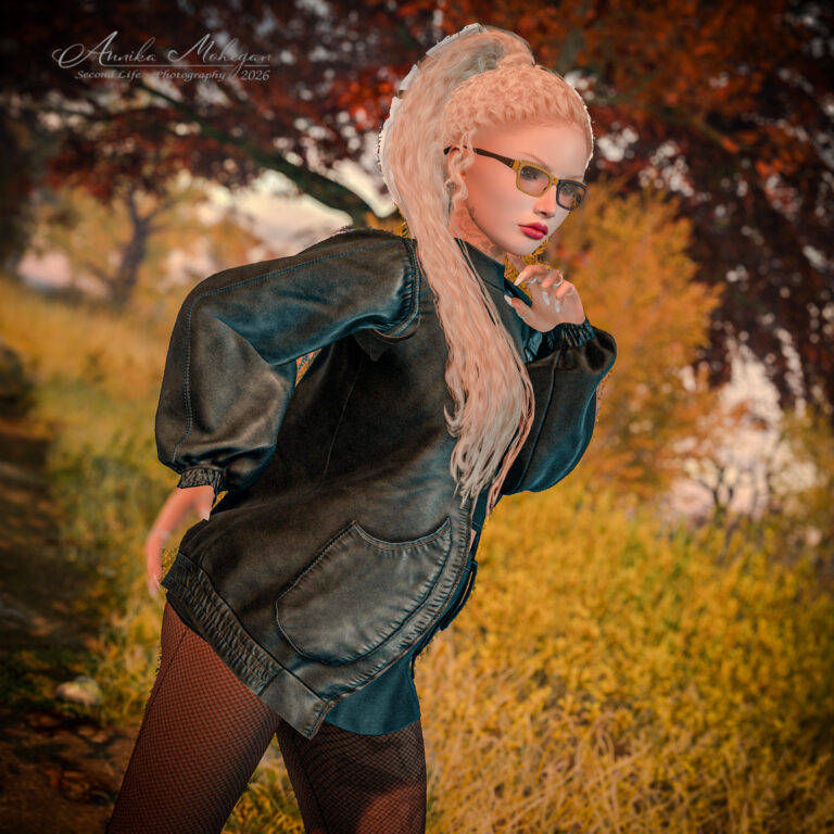 Annika Mohegan in der weiten petrolfarbenen Lederjacke Classic Bomber von (fd) mit zweifarbiger Brille, vor rotem Herbstlaub auf Luanes World in Second Life